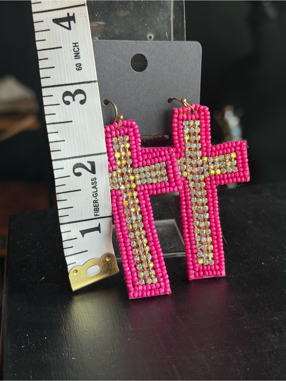 Pink Beaded Cross Earrings with Rhinestone Accent - Picture 4 of 4